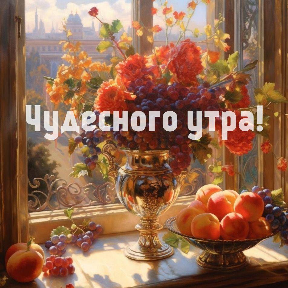 Утро, натюрморт с вазой и фруктами на подоконнике