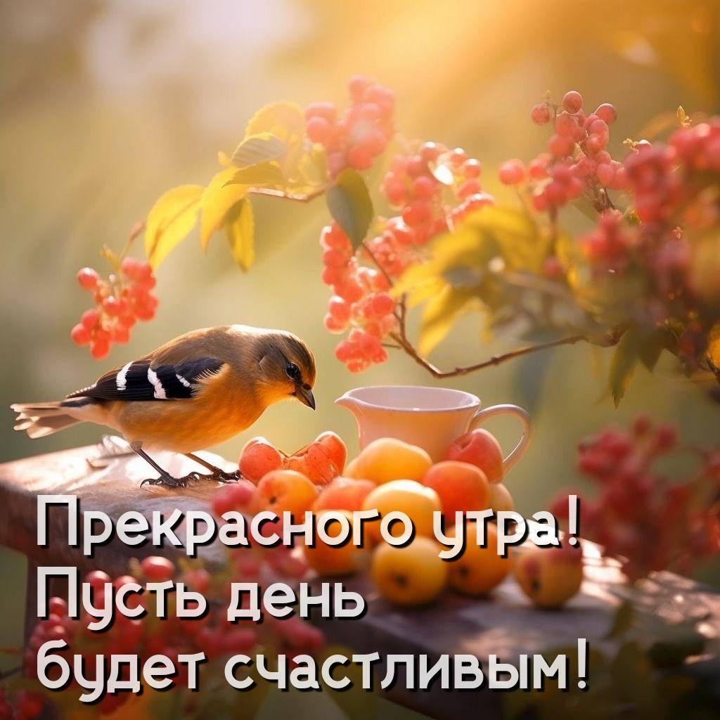 Утро, небольшая птичка с кизилом и абрикосами на дереве