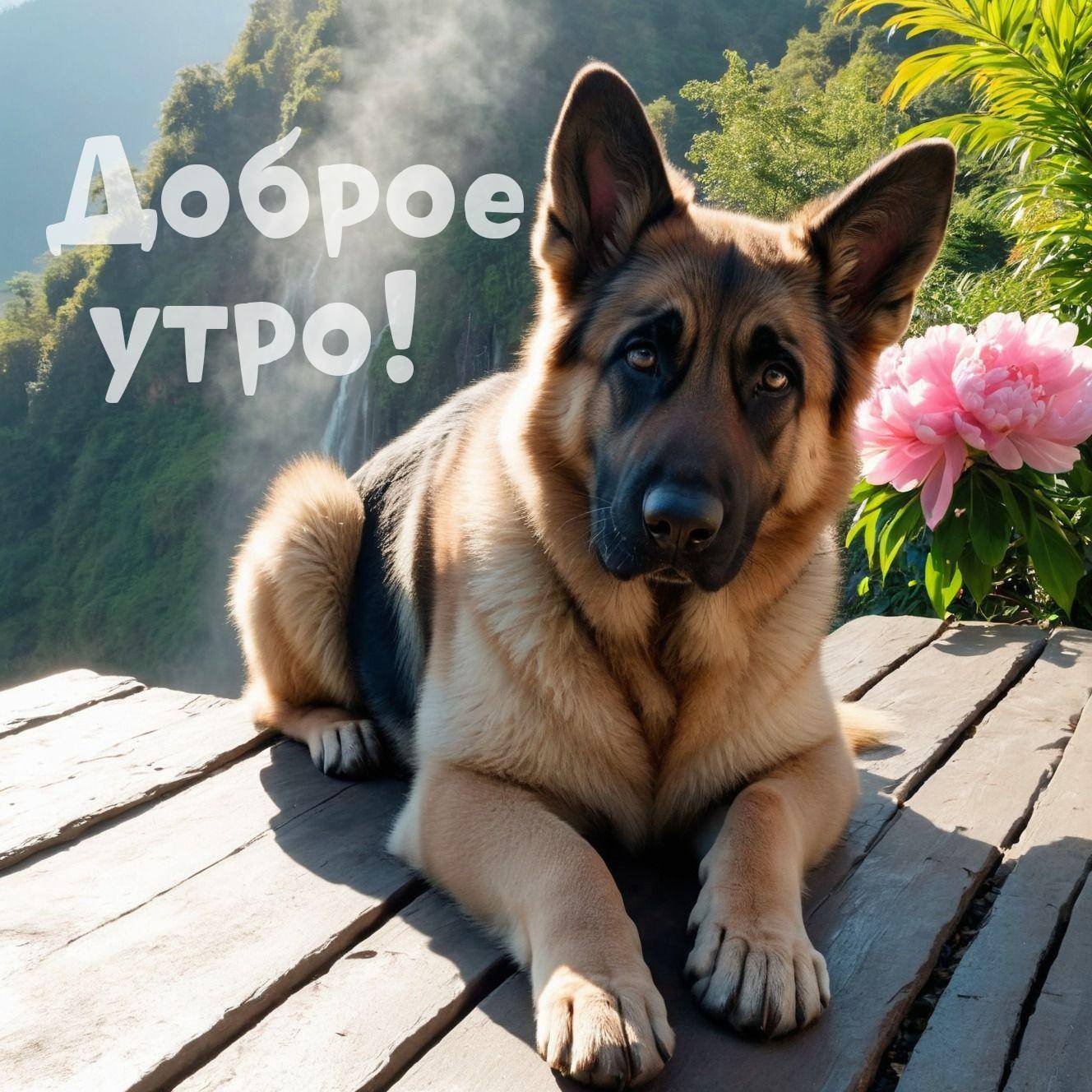 Утро, немецкая овчарка лежит на настиле.
