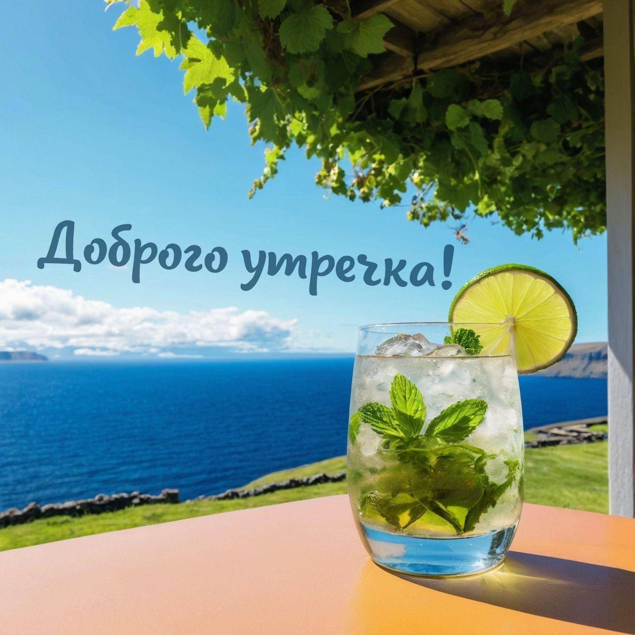 Утро, освежающий напиток с мятой и лаймом на фоне моря