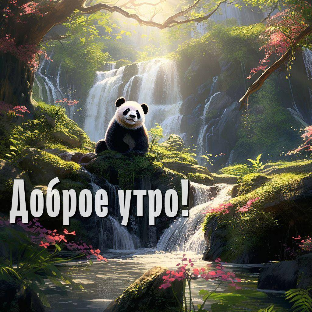 Утро, панда на скале перед водопадом в зелени