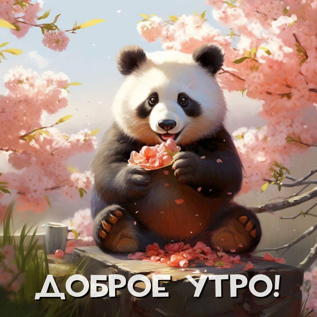 Утро, панда среди цветущей сакуры с кружкой на камне
