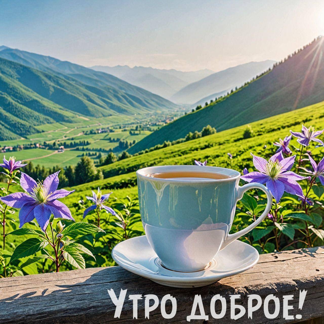 Утро, пейзаж с холмами и чашка с напитком