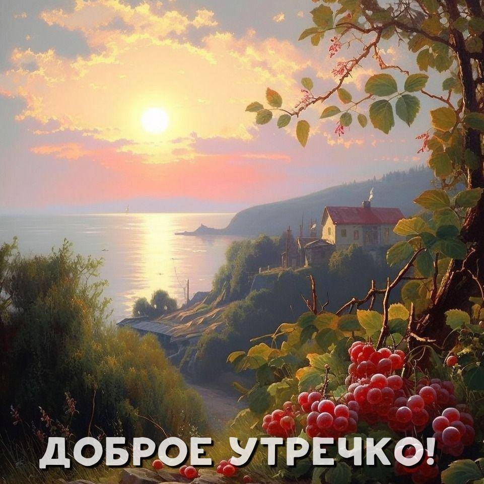 Утро, пейзаж с кустом и домом на закате