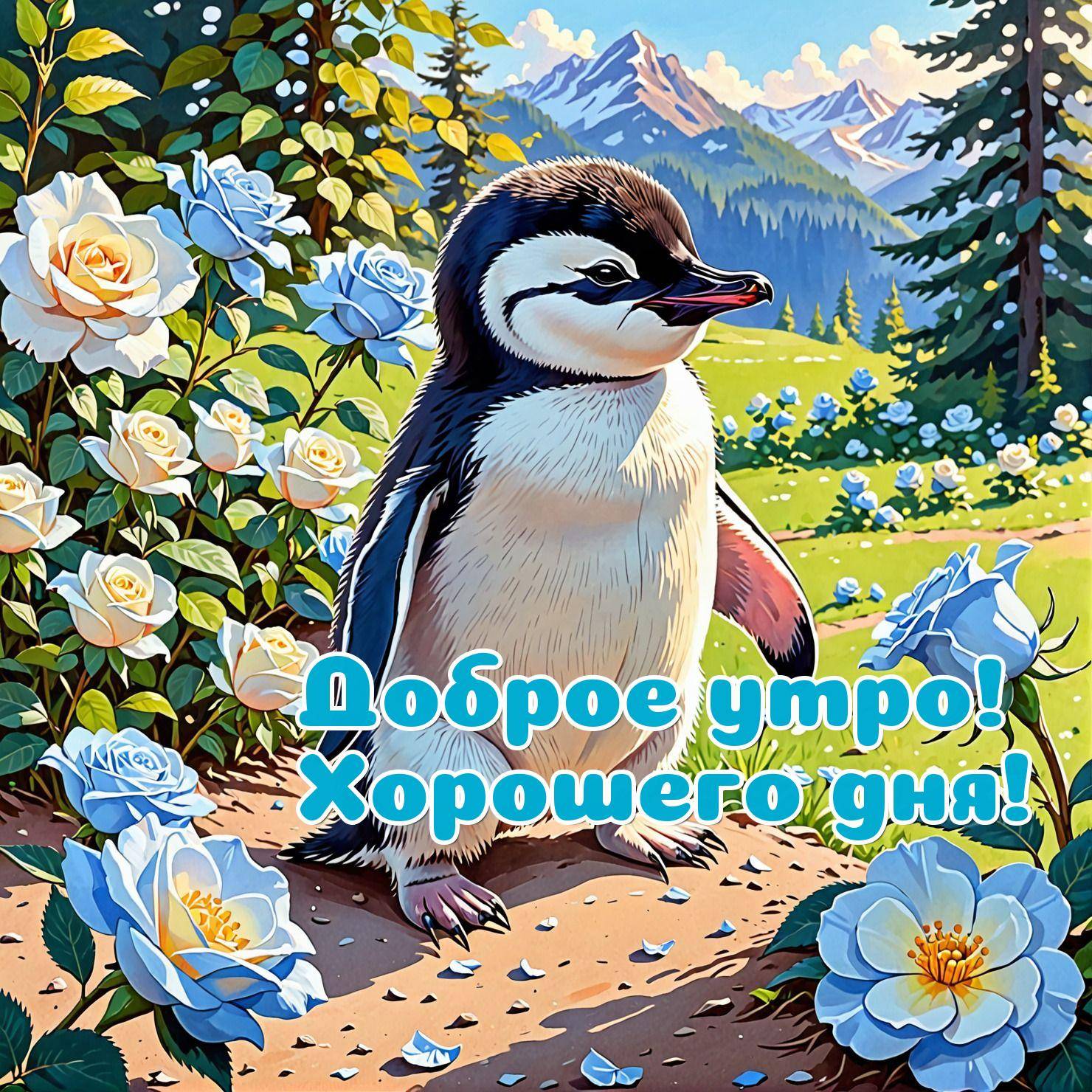 Утро, пингвинёнок среди роз на фоне пейзажа