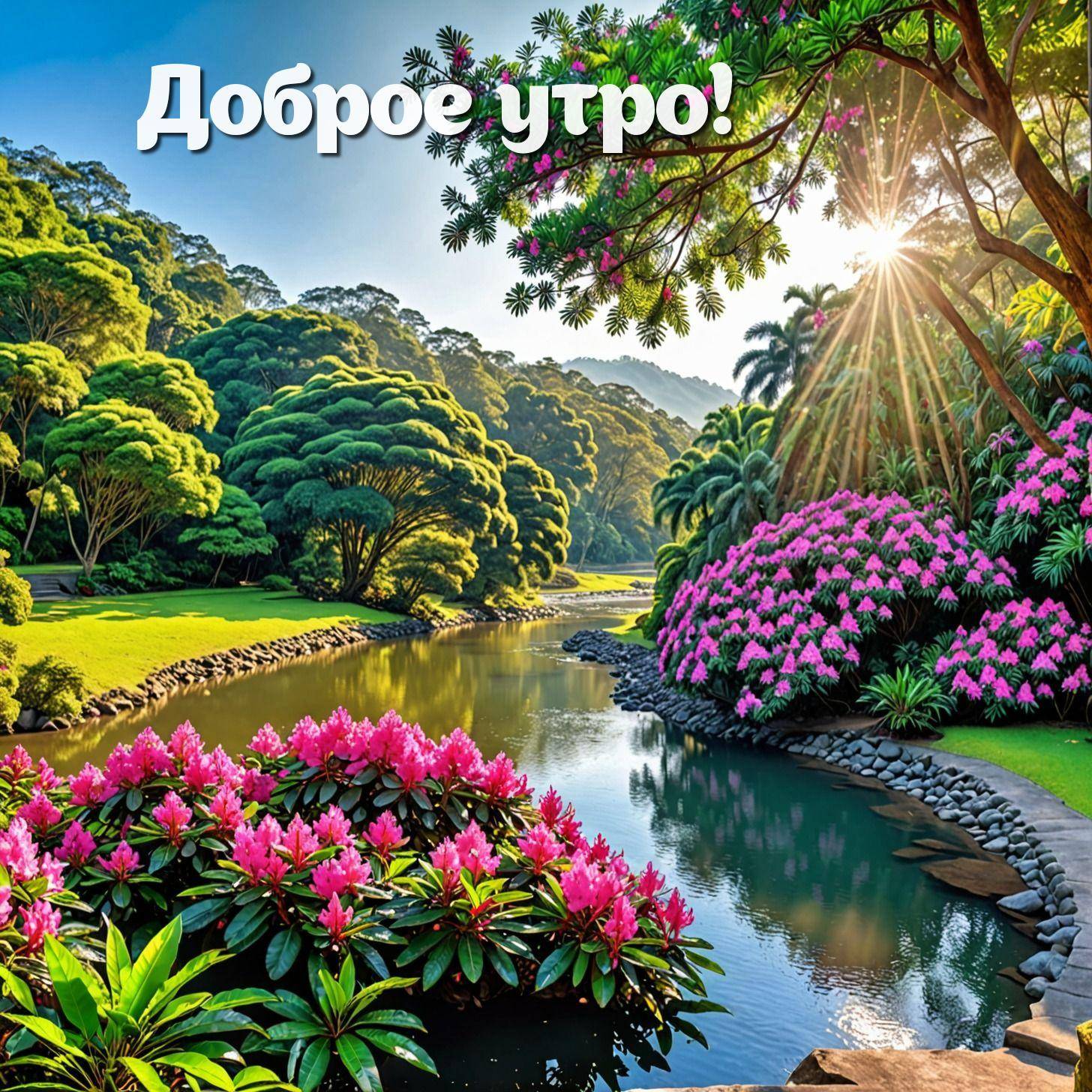 Утро, пышные розовые цветы у реки в лесу