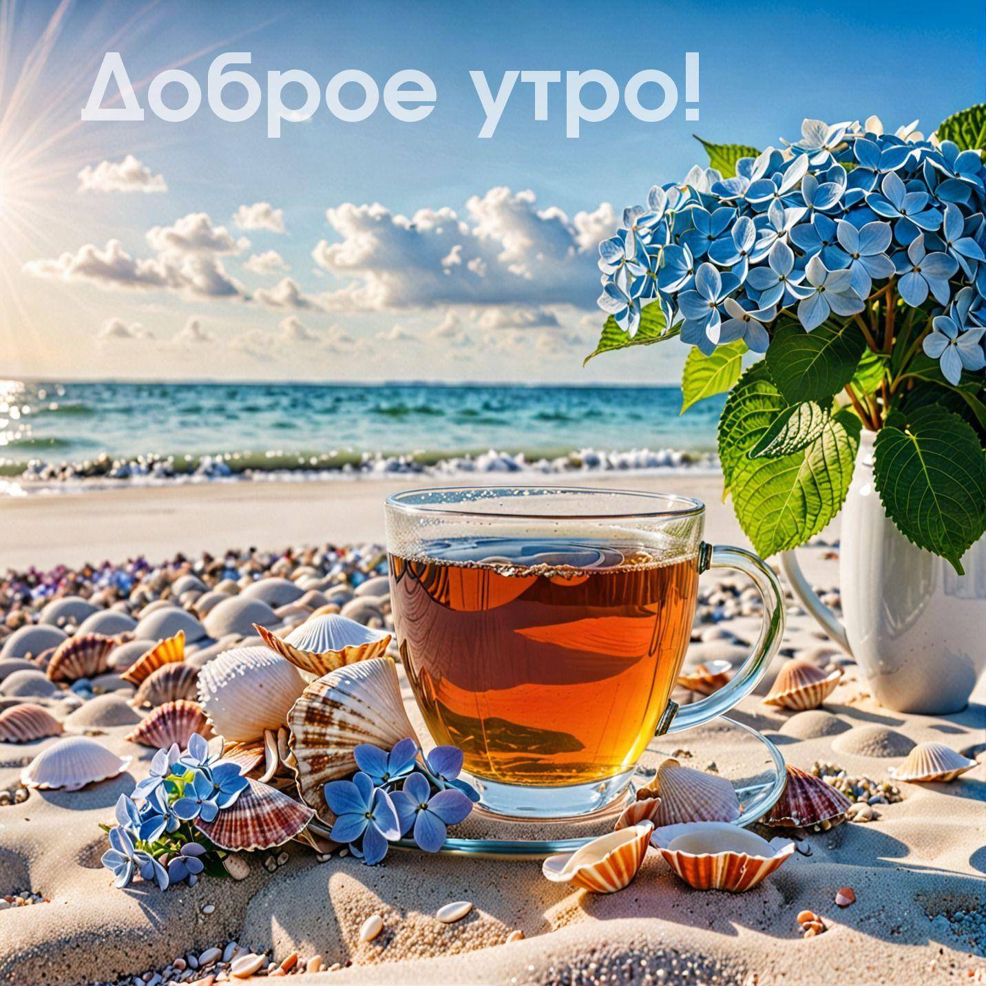 Утро, пляж с чашкой чая, ракушками и цветами