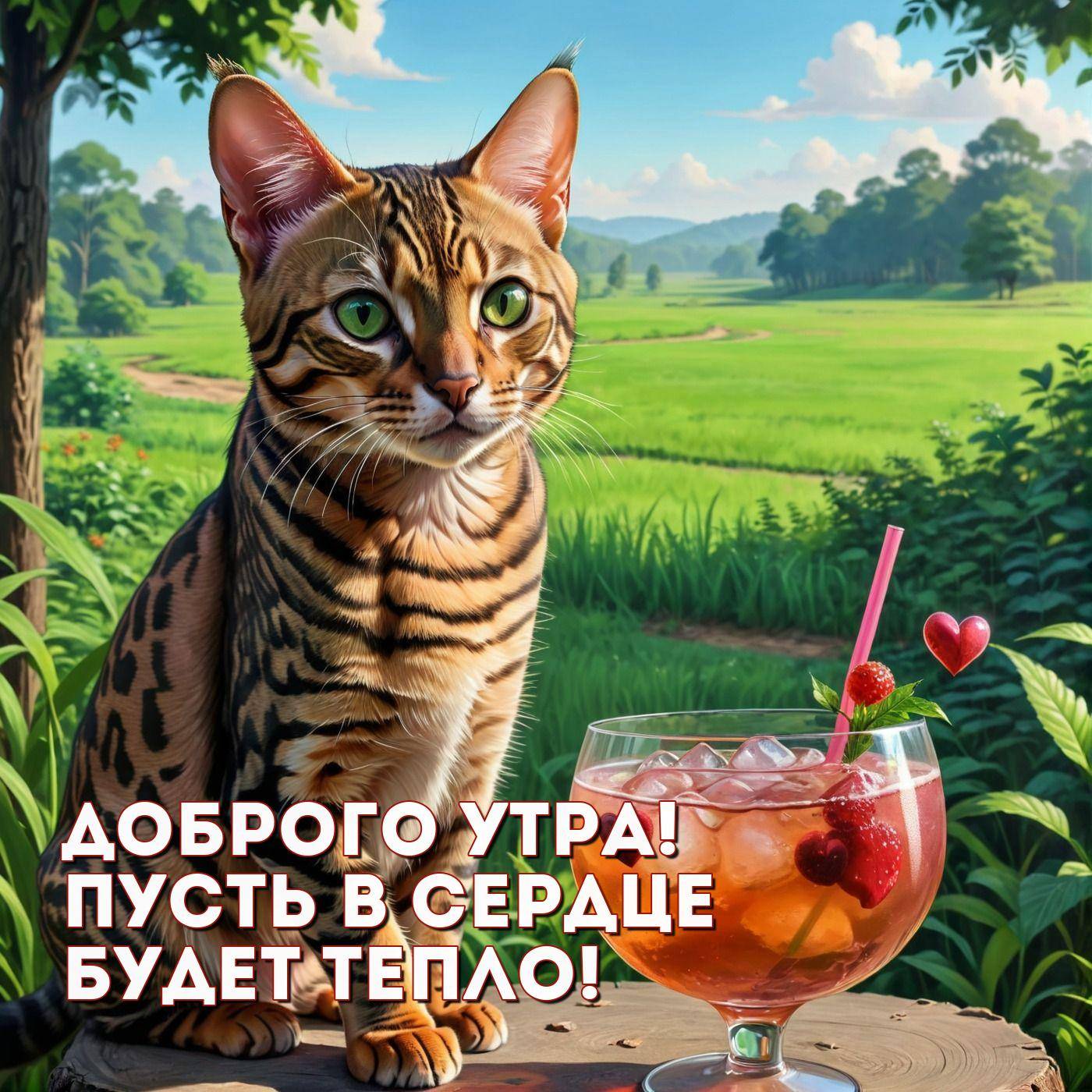 Утро, полосатый кот с зелёными глазами и розовый напиток