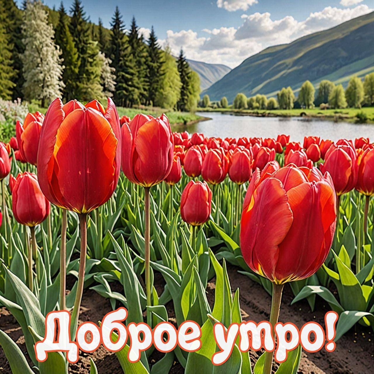 Утро, поля с красными тюльпанами перед рекой и горами