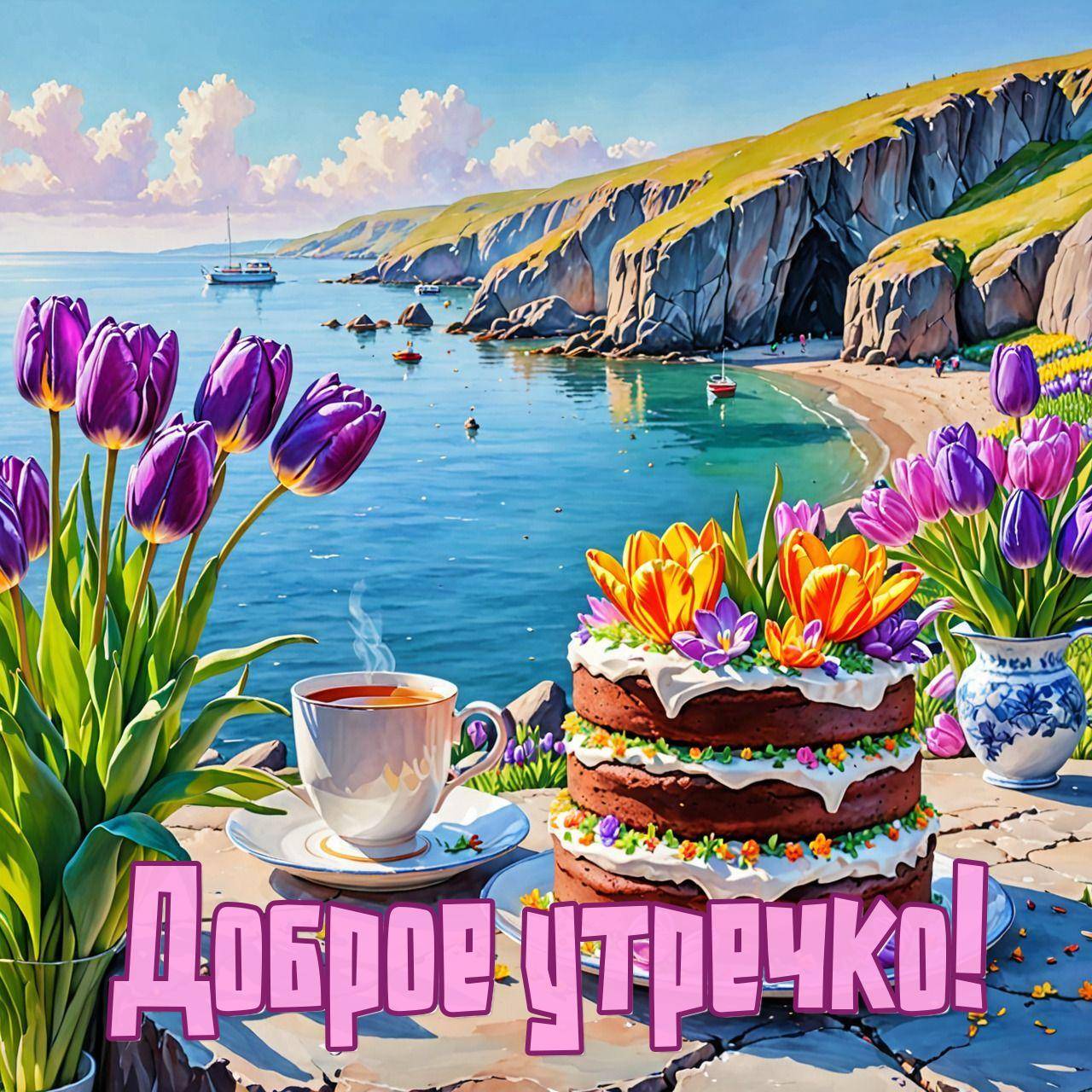 Утро, прибрежный пейзаж с чайным столиком, тюльпанами и морем