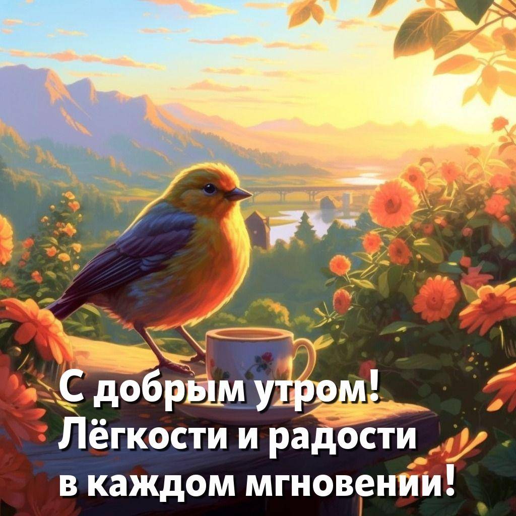 Утро, птичка на столе рядом с чашкой, цветы и горы