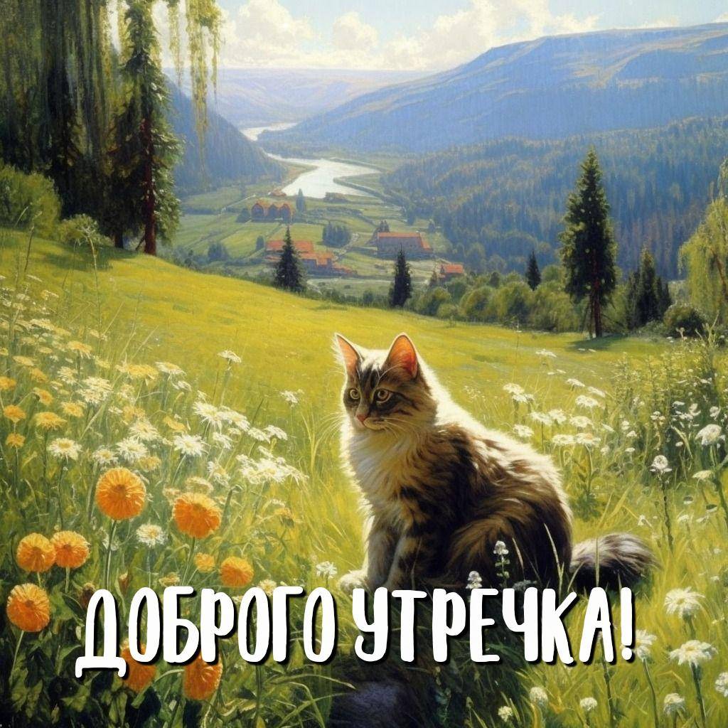 Утро, пушистая кошка на зелёной поляне с цветами