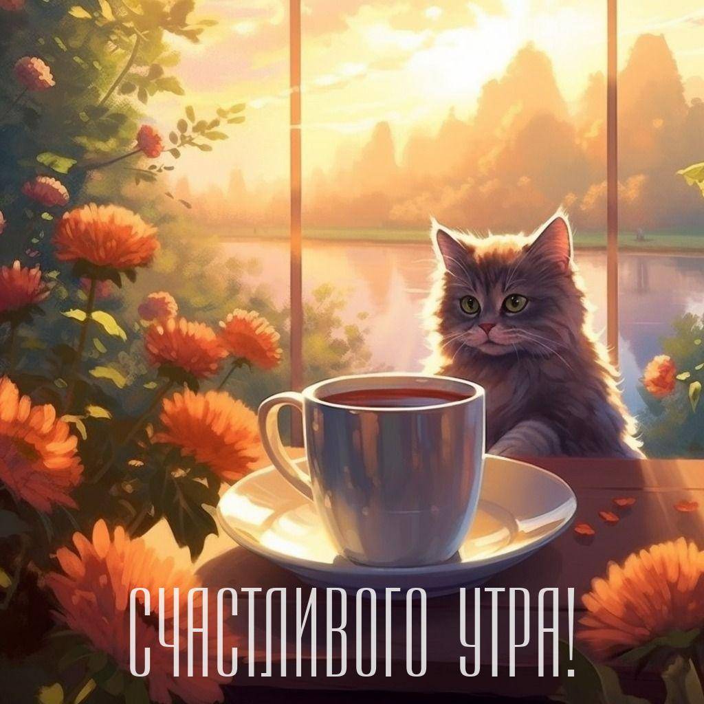 Утро, пушистая кошка сидит за столиком с чашкой и цветами.