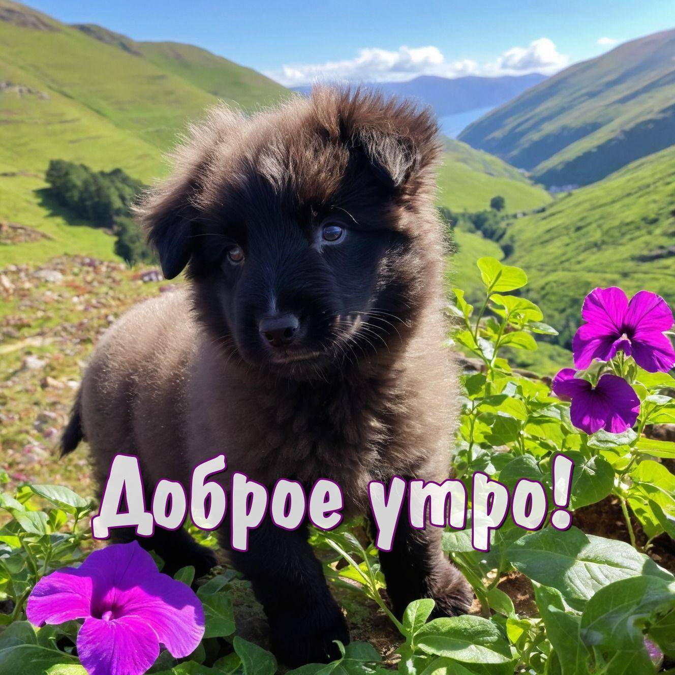 Утро, пушистый черный щенок на фоне цветущего пейзажа