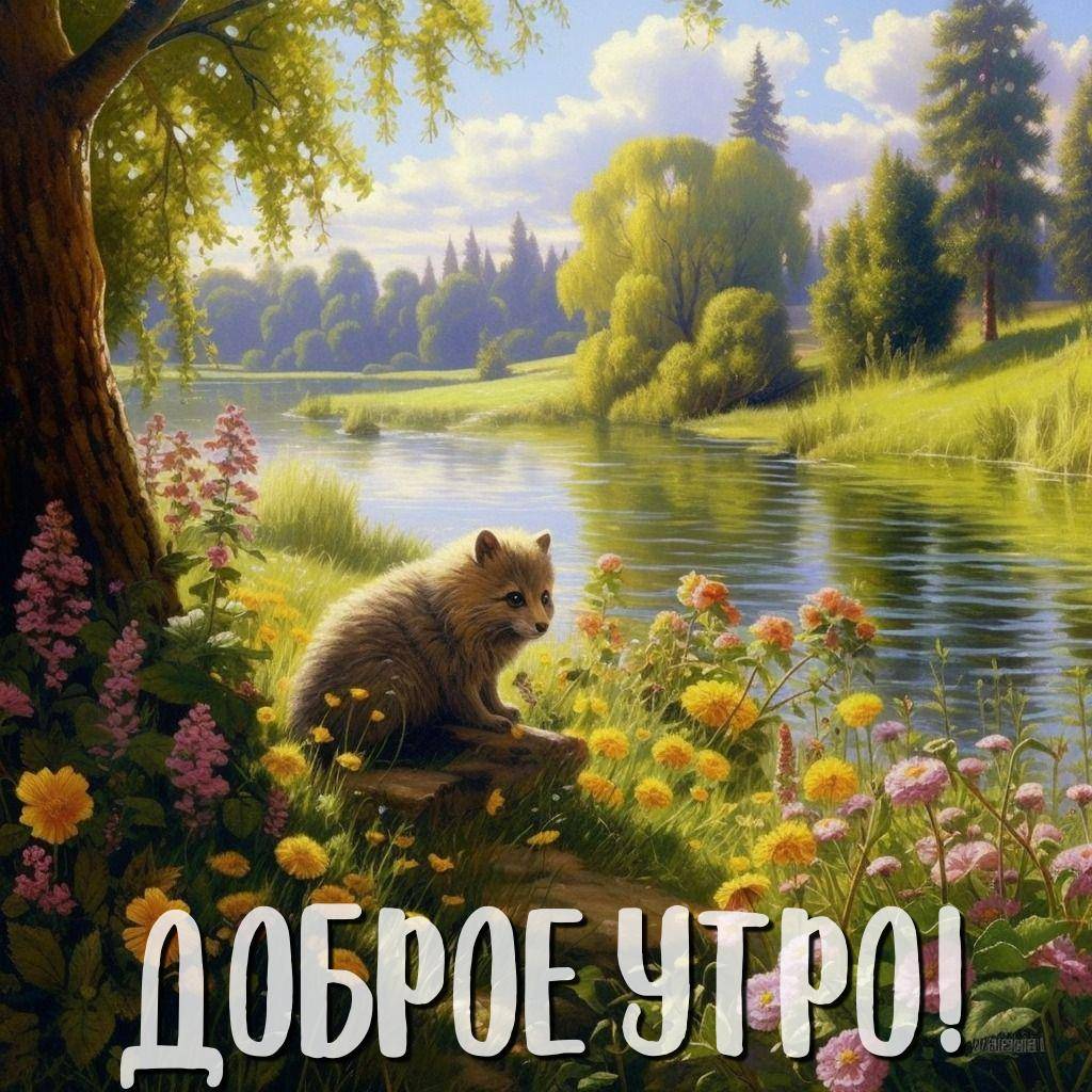 Утро, пушистый детёныш енота на фоне природы