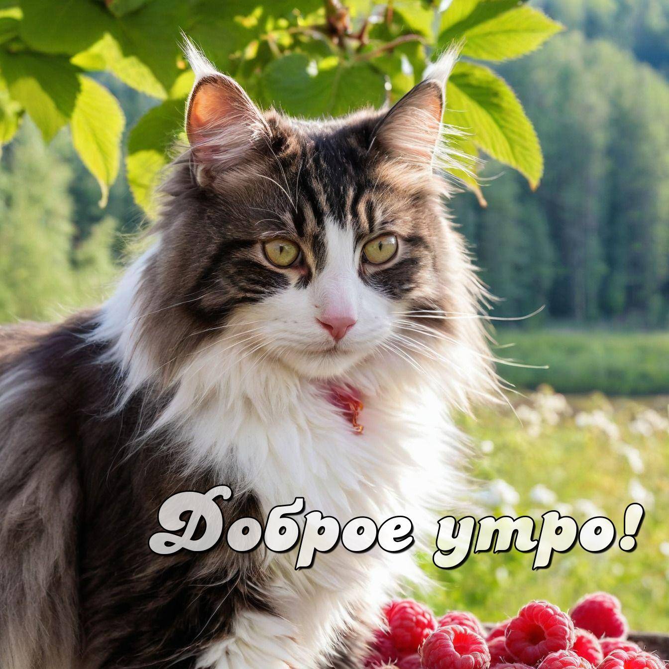 Утро, пушистый кот с белым и серо-коричневым окрасом