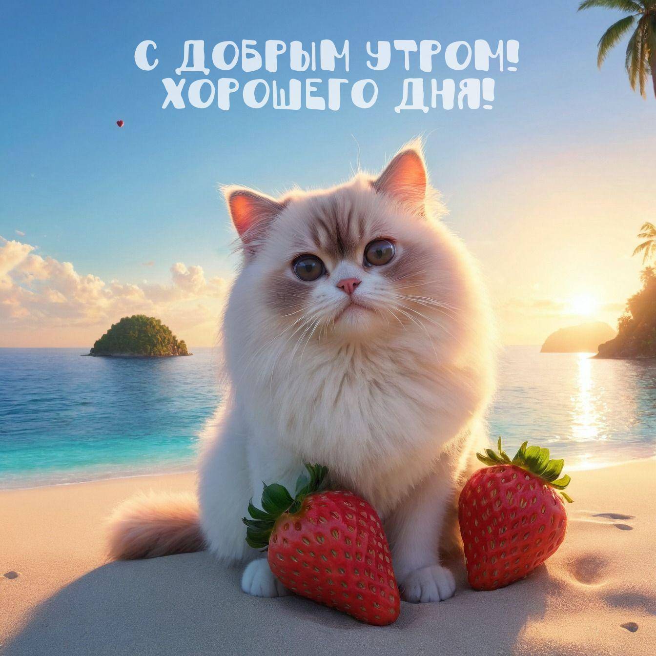 Утро, пушистый котенок на пляже с клубникой