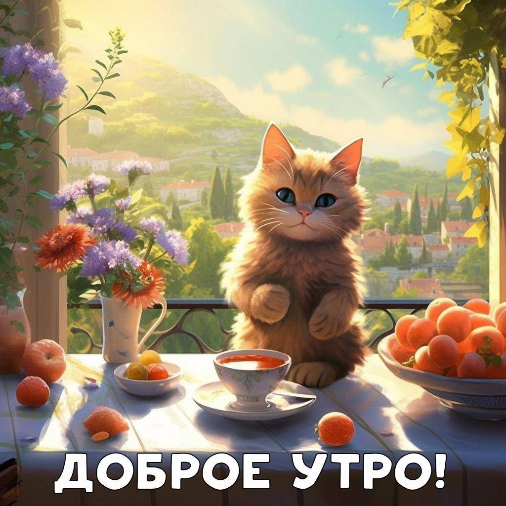 Утро, пушистый рыжий кот на балконе с напитком и цветами