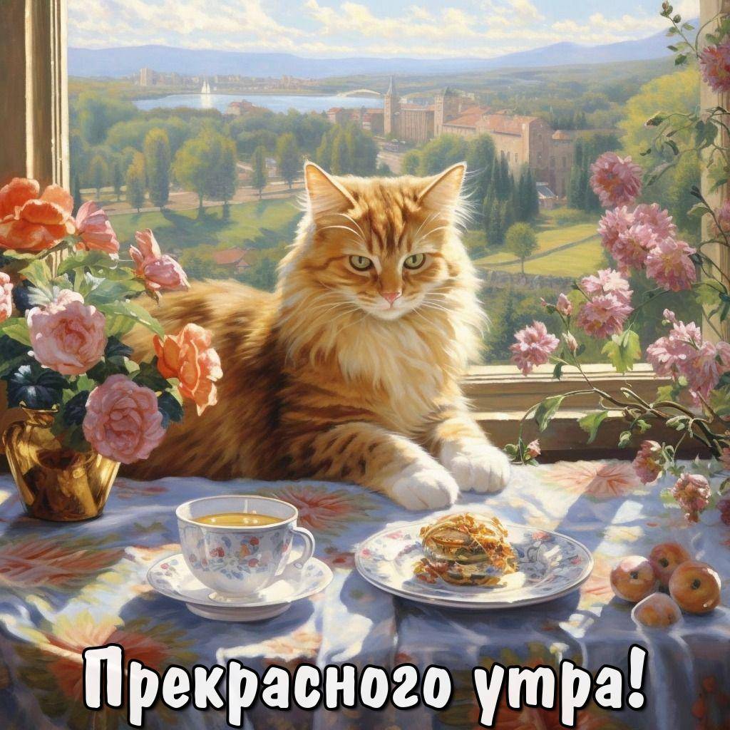 Утро, пушистый рыжий кот на столе с чашкой и десертом