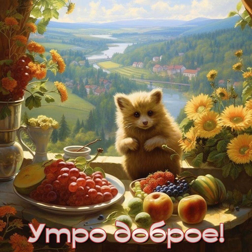 Утро, пушистый зверек, фрукты и красивый ландшафт на фоне