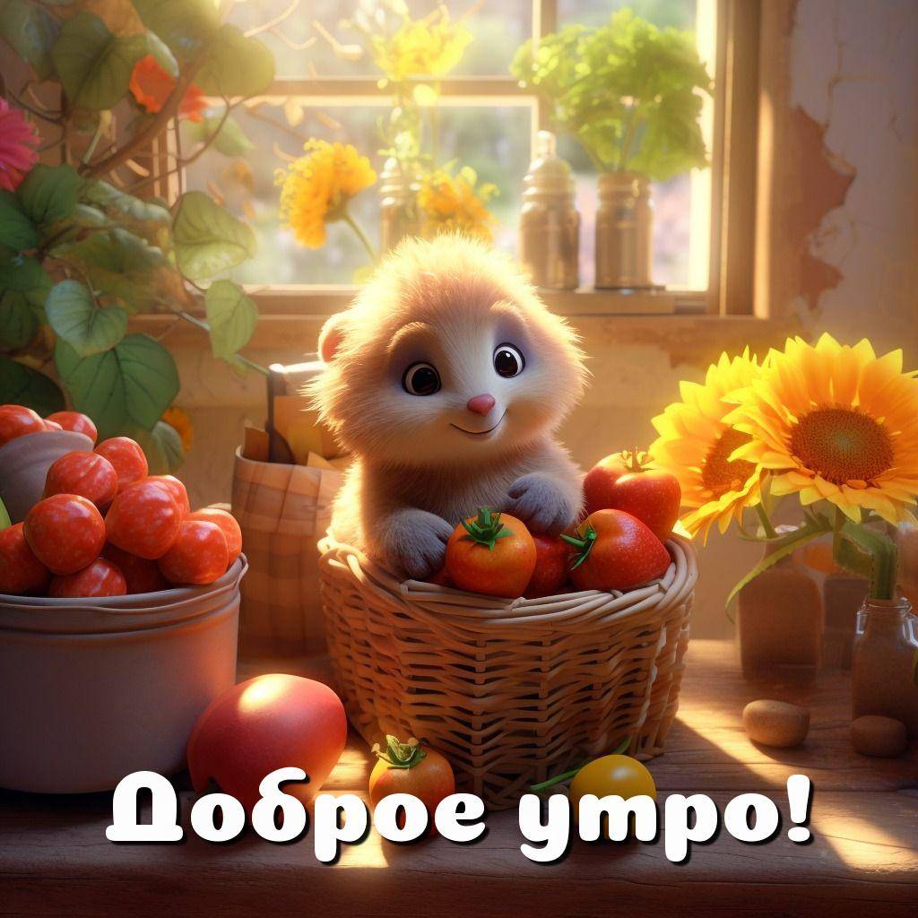 Утро, пушистый зверек в корзине с помидорами