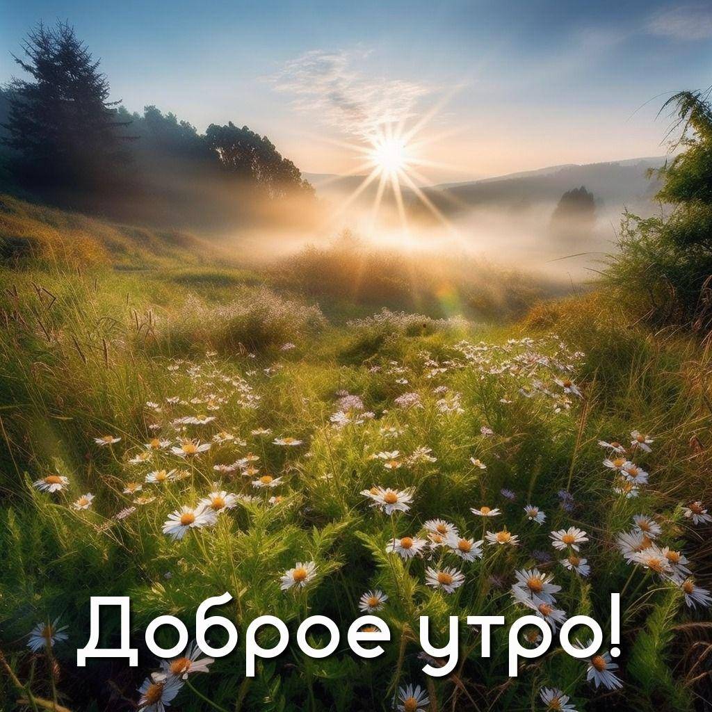 Утро, рассвет на цветочном поле с ромашками и туманом