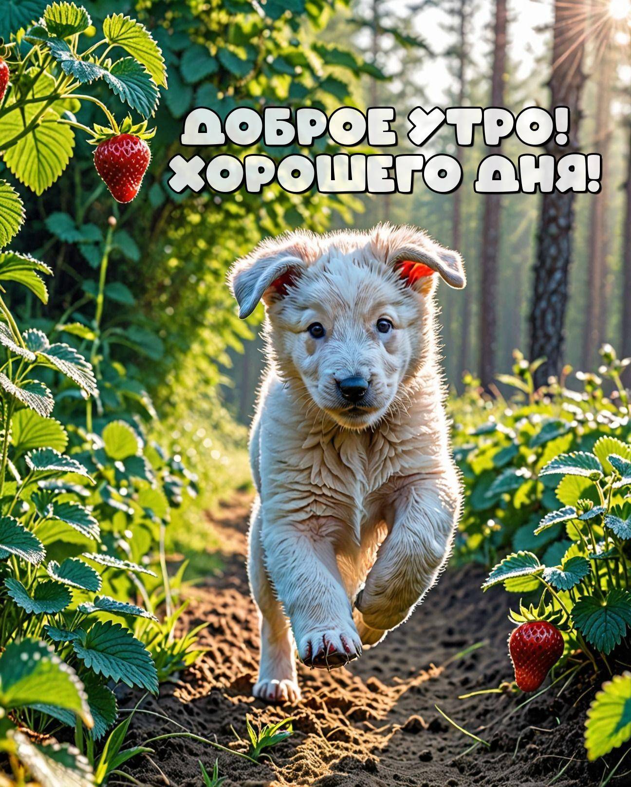 Утро, щенок бежит по дорожке среди кустов клубники