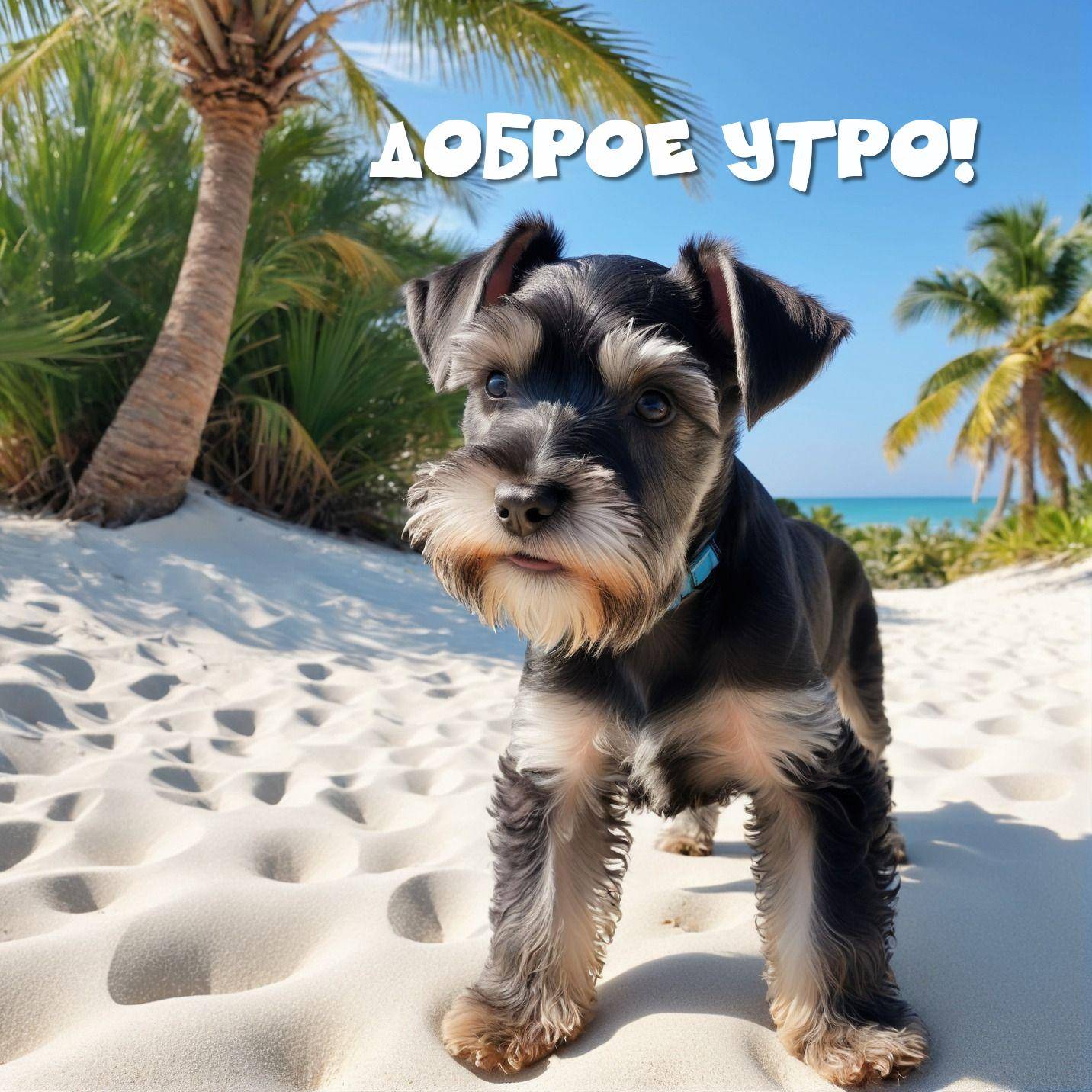 Утро, щенок на песчаном пляже под пальмами