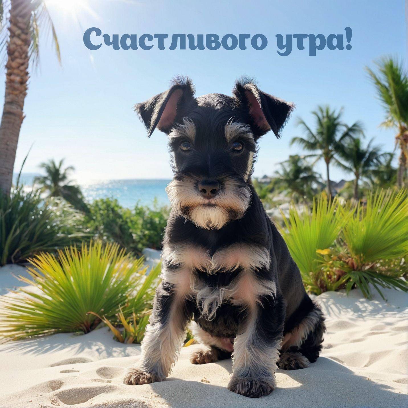 Утро, щенок на пляже, пальмы, солнечное небо
