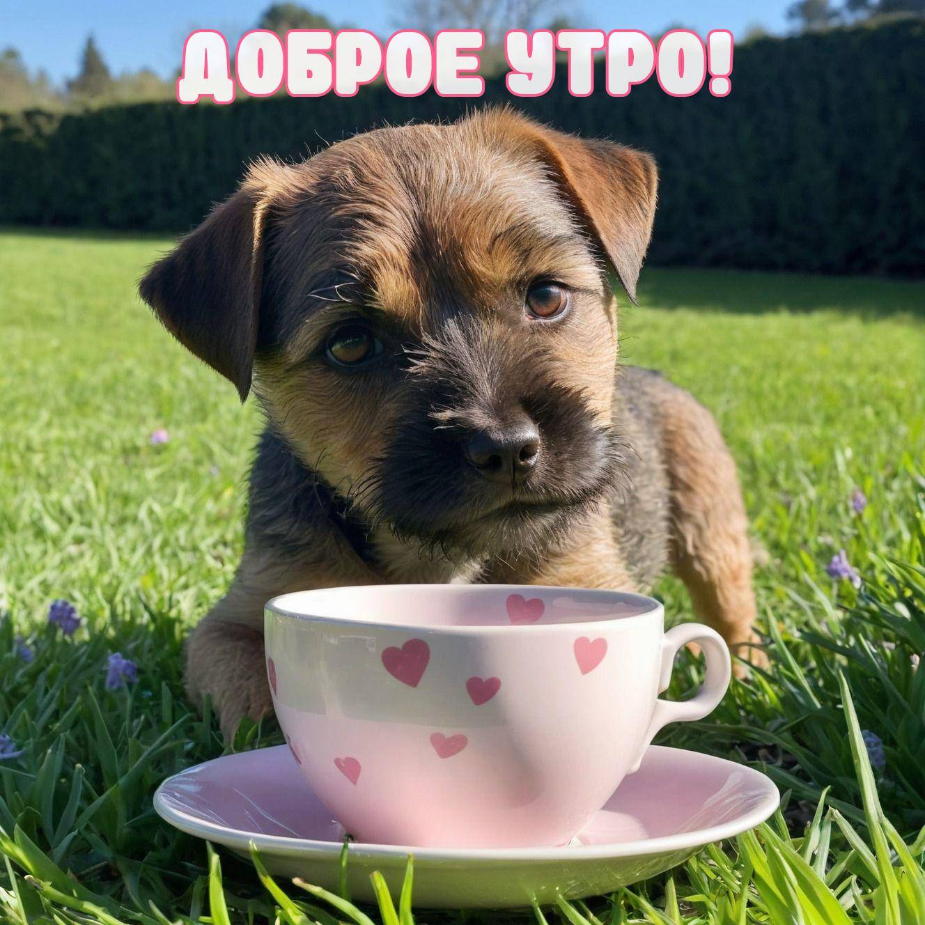 Утро, щенок на траве с чашкой