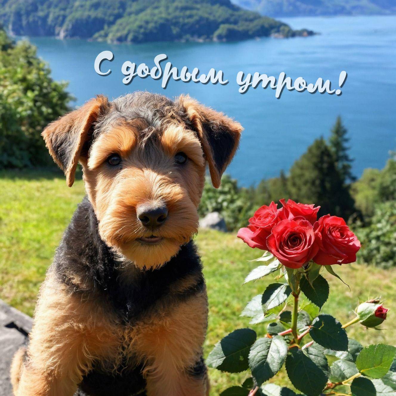 Утро, щенок на траве с розами