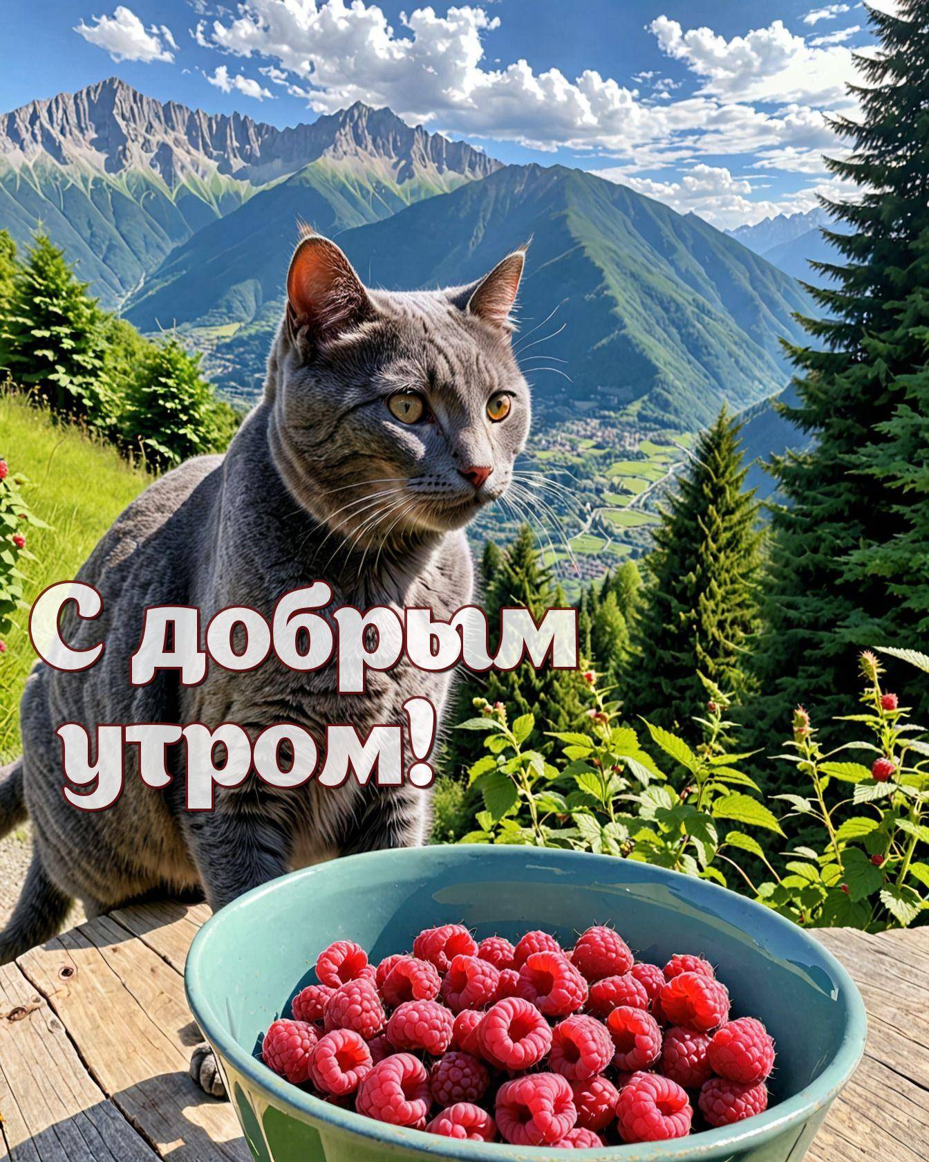 Утро, серый кот на фоне гор с миской малины