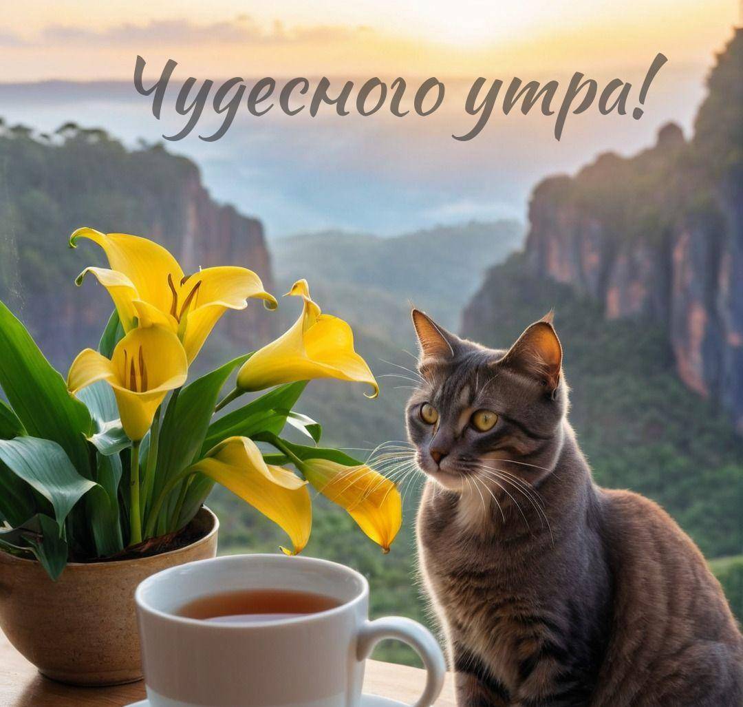 Утро, серый кот рядом с чаем и вазой с лилиями