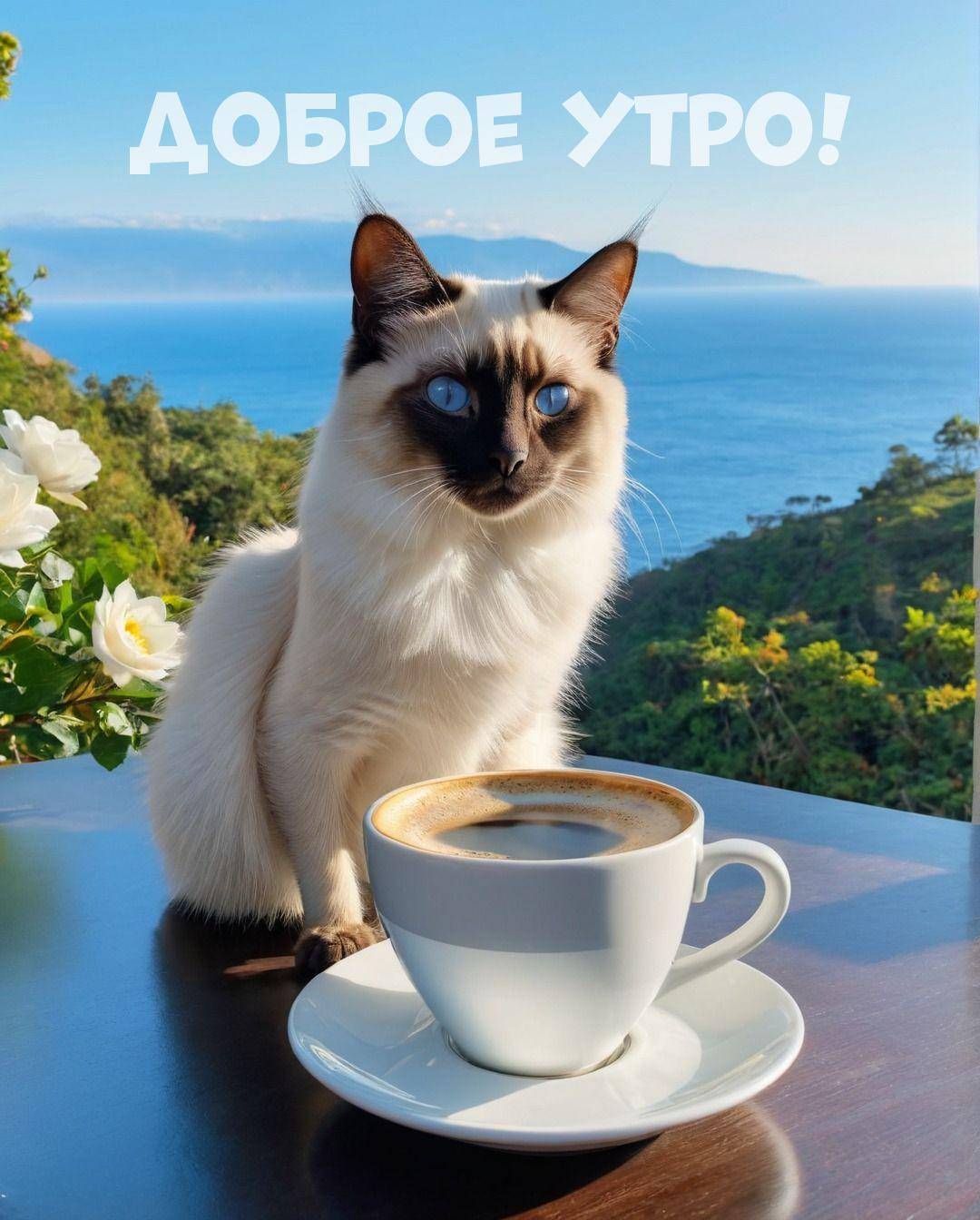 Утро, сиамская кошка с голубыми глазами на столе
