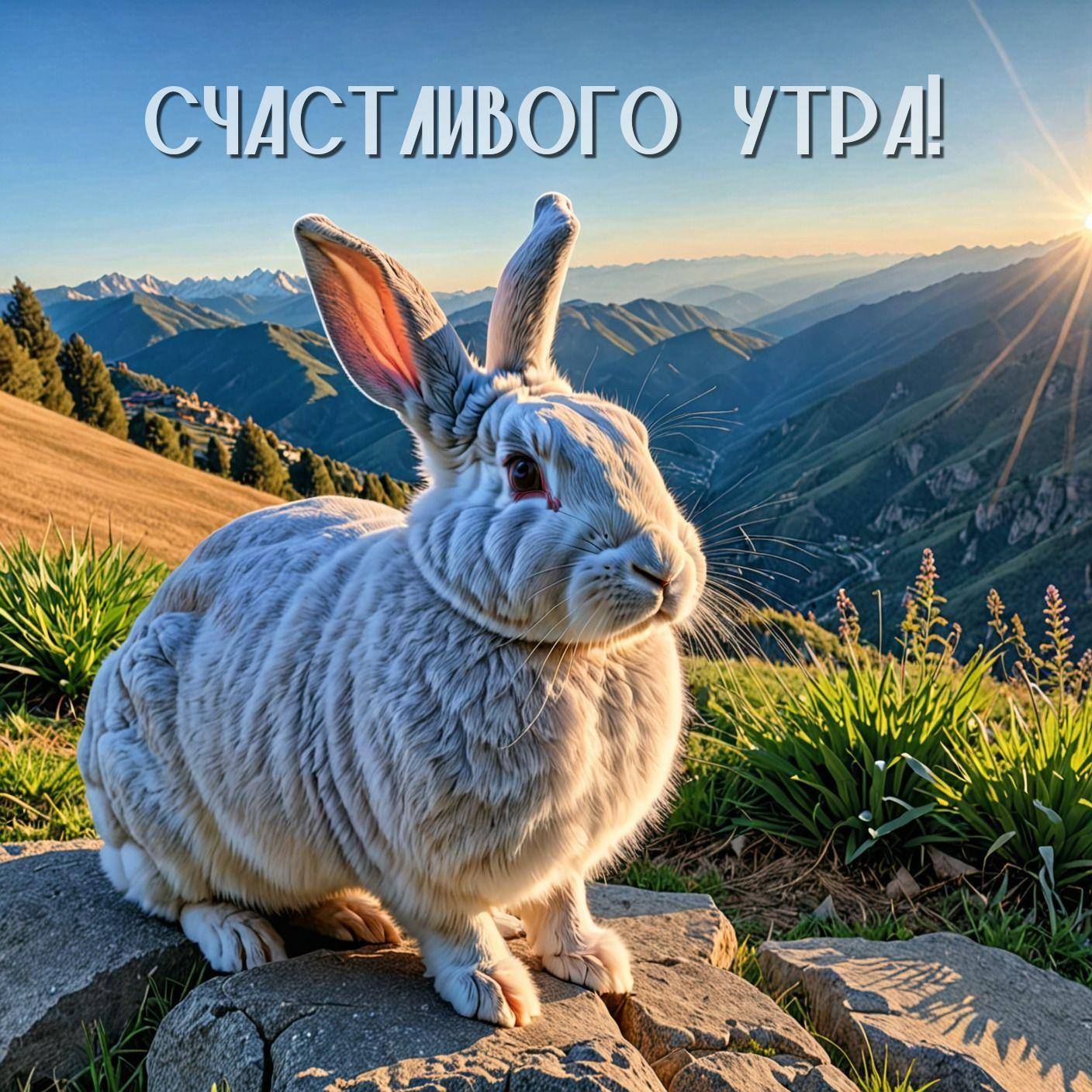 Утро, симпатичный белый кролик на камне, зелёная трава, горы