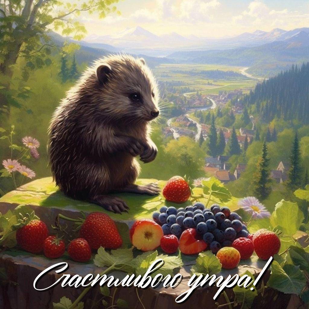 Утро, симпатичный ежик сидит на камне, фрукты вокруг