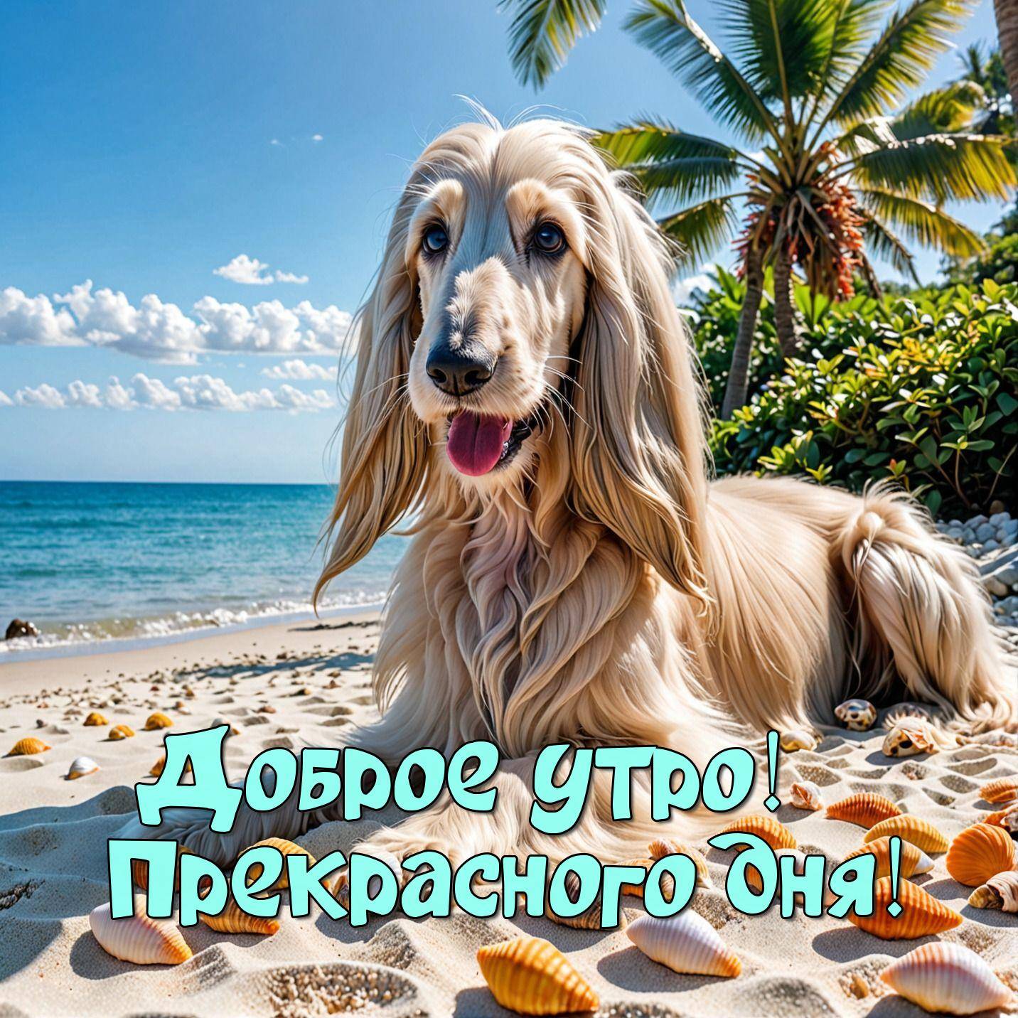 Утро, собака на пляже с ракушками