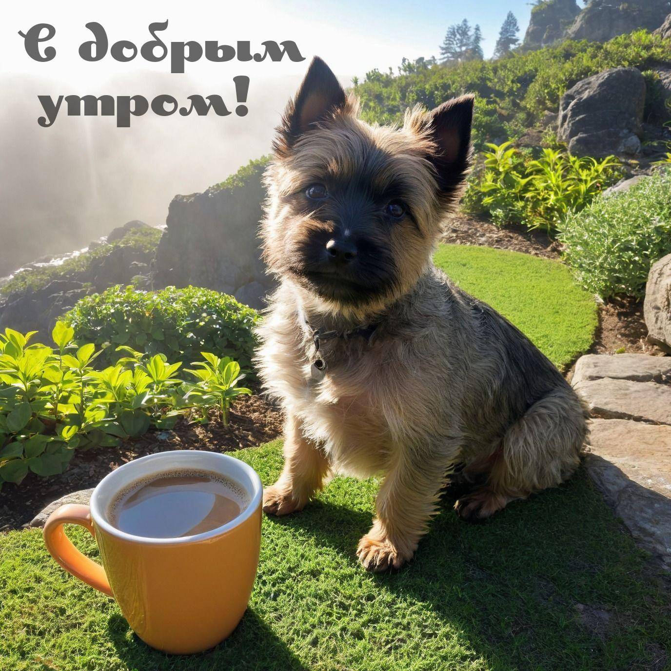Утро, собака на траве рядом с кружкой кофе