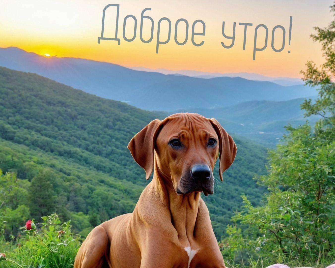 Утро, собака с коричневой шерстью на фоне холмов