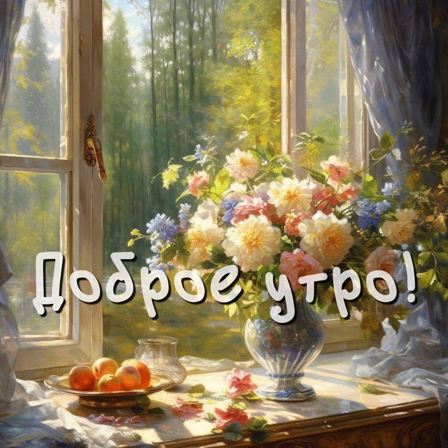 Утро, солнечный день, окно в сад, ваза с цветами