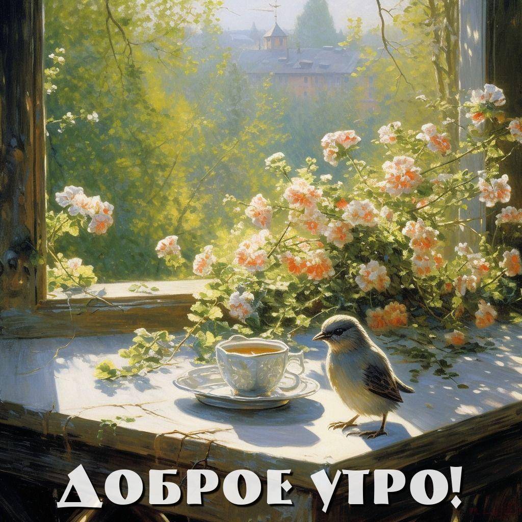 Утро, солнечный день с чайной чашкой, птичкой и цветами