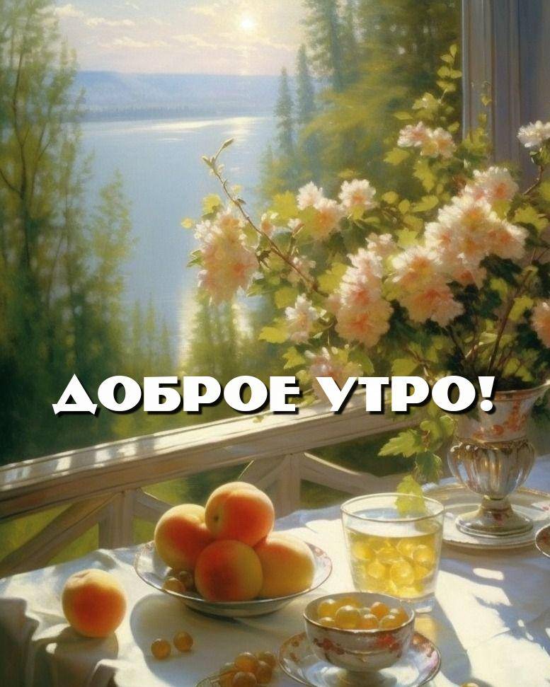 Утро, солнечный пейзаж с водоёмом и лесом. Накрытый стол с белой скатертью