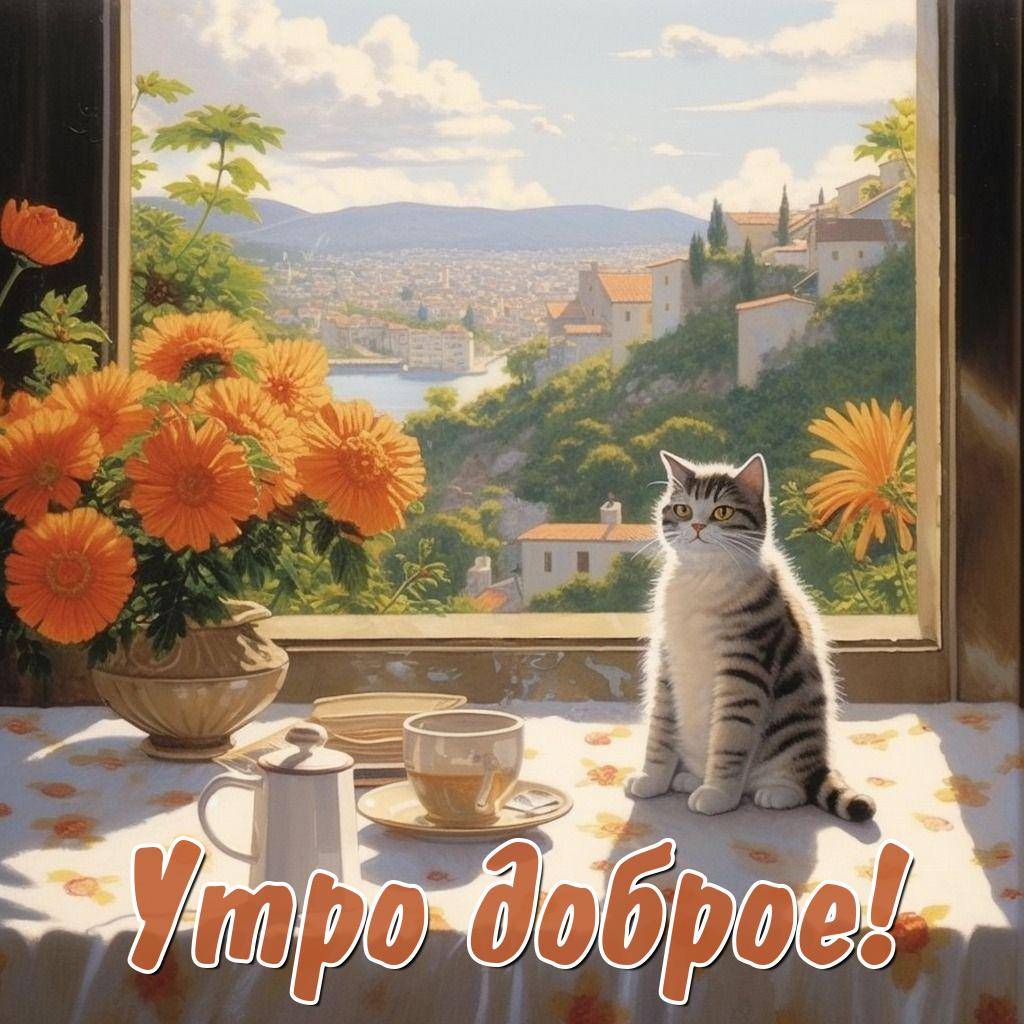 Утро, стол, кошка, чашка, кофейник у окна