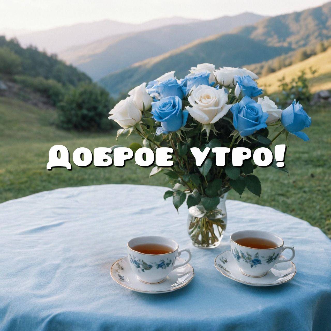 Утро, стол на свежем воздухе с голубой скатертью и букетом роз