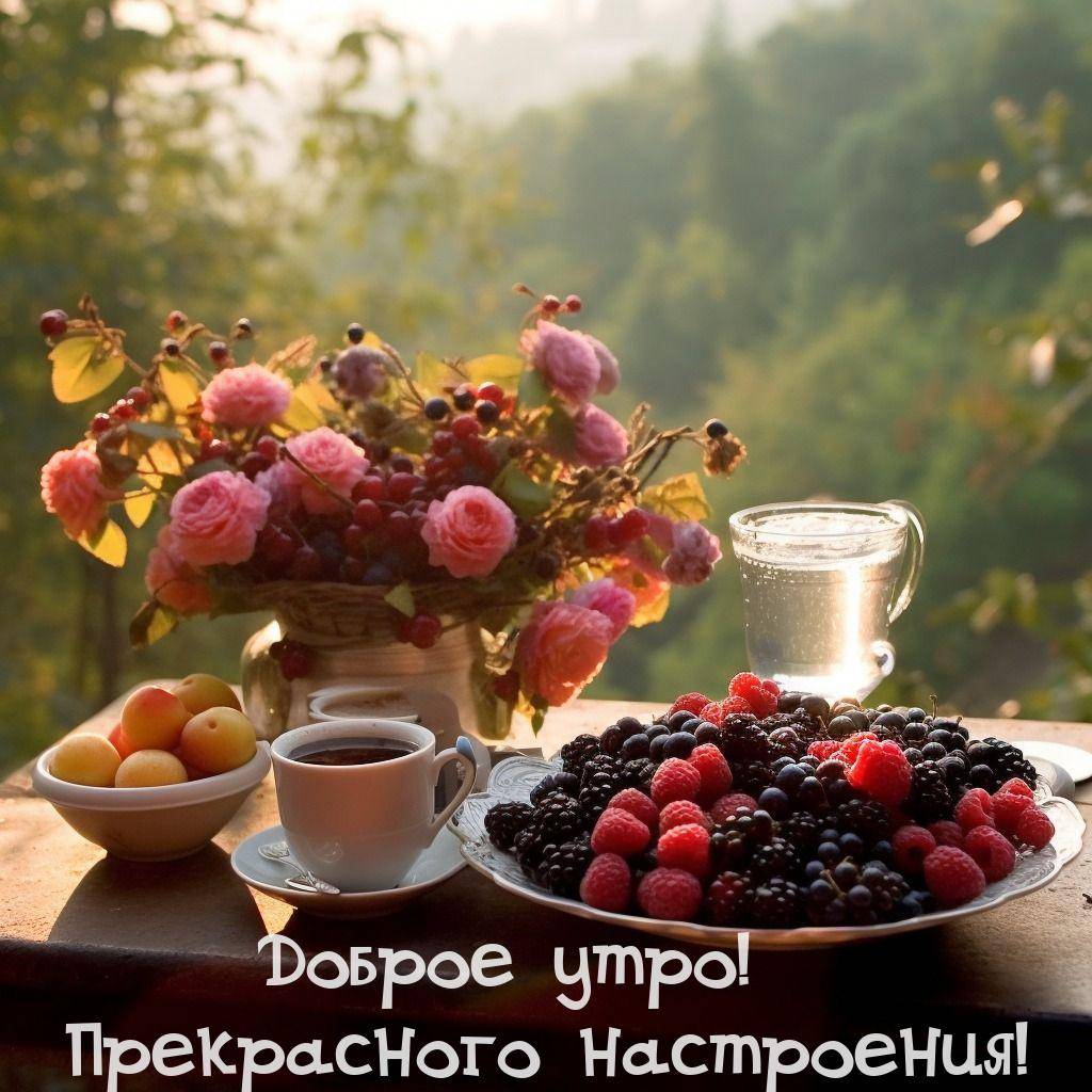 Утро, стол на свежем воздухе с цветами и фруктами
