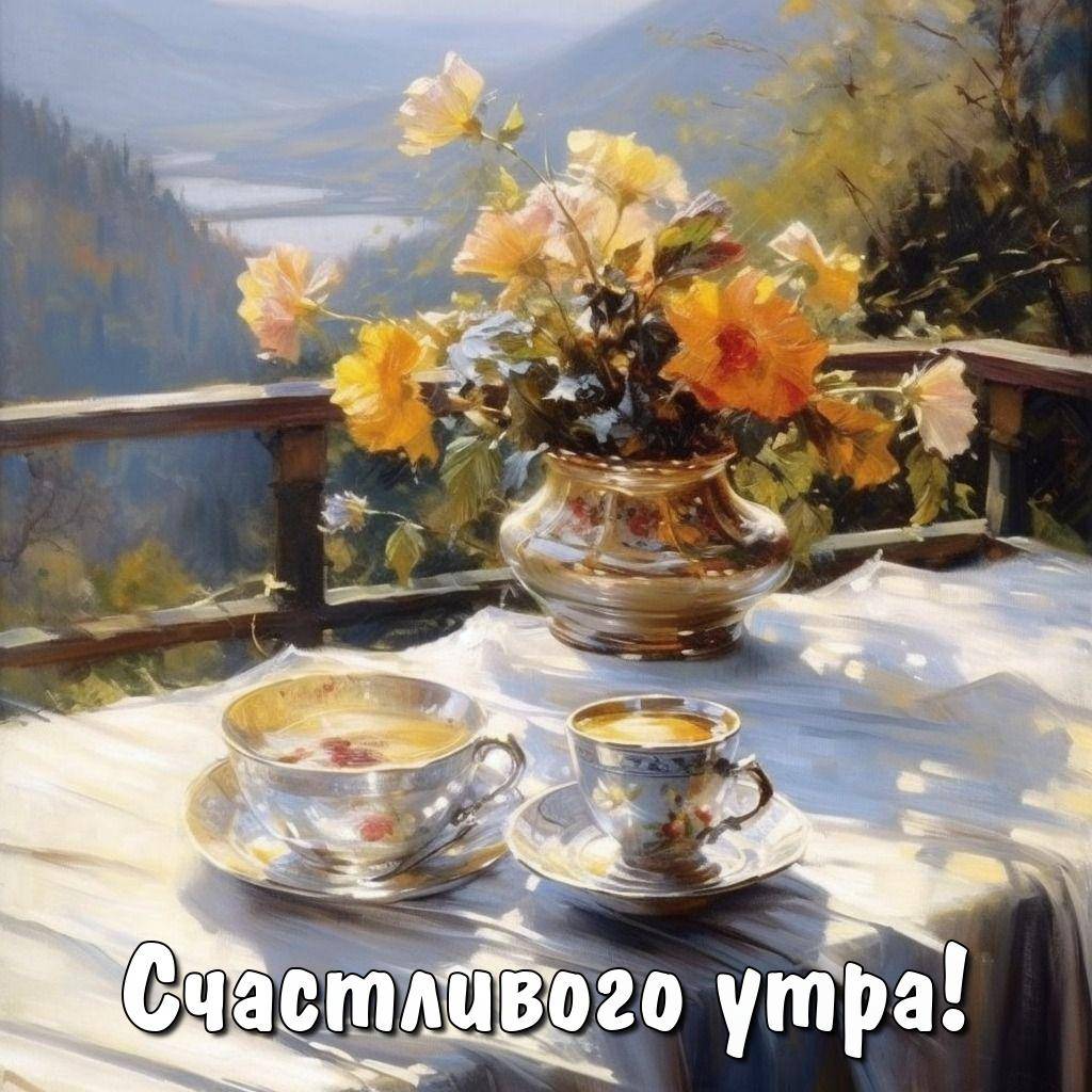 Утро, стол с белой скатертью, ваза с цветами, чашки