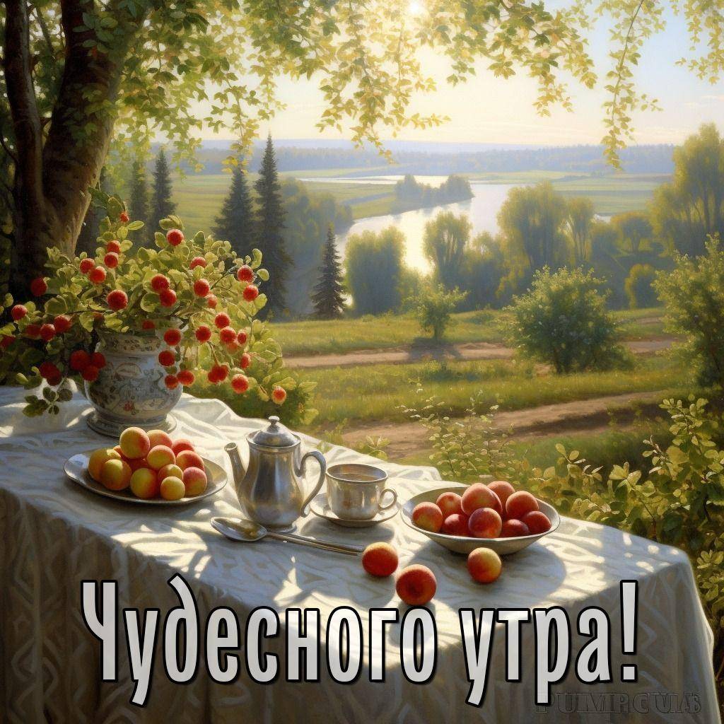 Утро, стол с белоснежной скатертью, яблоками и чайником
