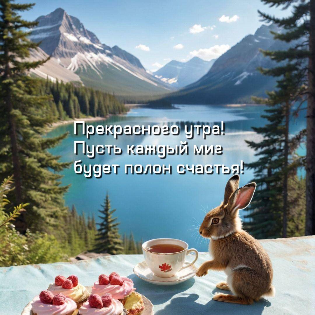 Утро, стол с чаем, пирожными и кроликом