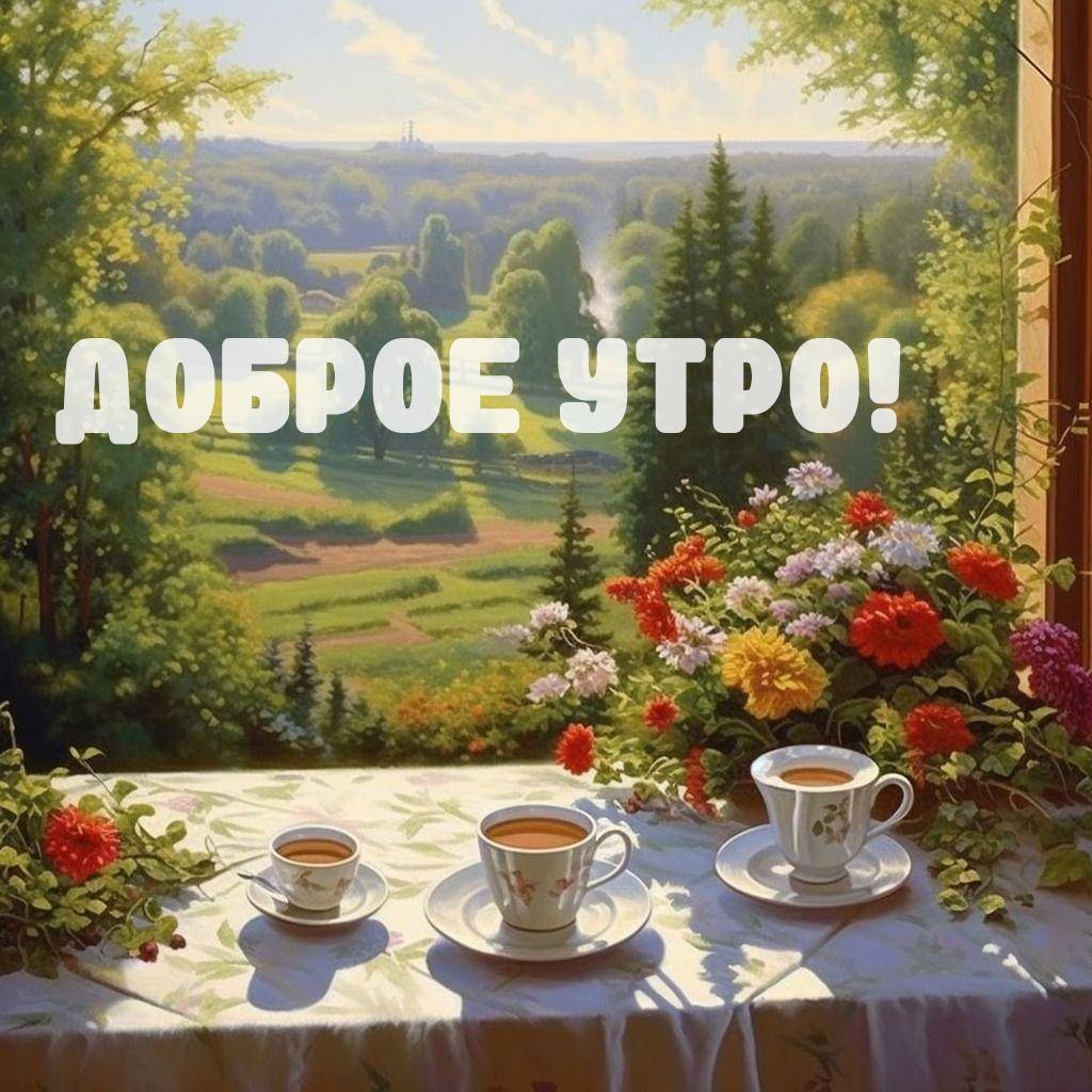 Утро, стол с чашками чая и букетом цветов