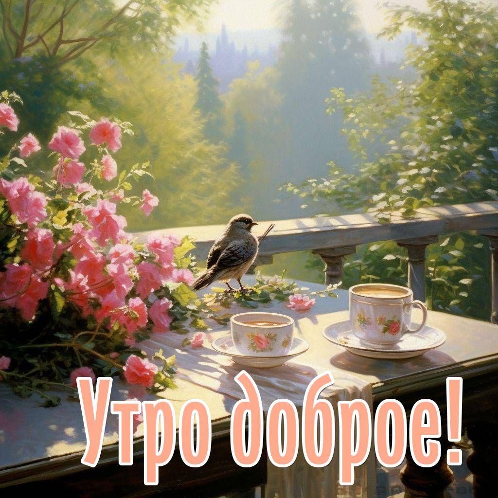 Утро, стол с чашками, цветами и птичкой на террасе